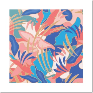Abstract Tropical Plants / Blue, turquoise, coral Posters and Art